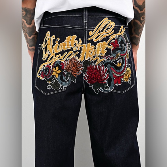 Zumiez Dark Jeans with Colorful Embroidery - Picture 2 of 5